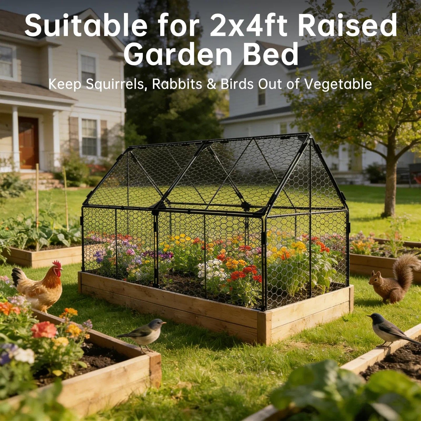Decoroca 4x2ft Chicken Wire Plant Protectors - Crop Cage with Flip-Top&10 Ground Stakes, Outdoor Plant Protection Cage Keep Animals Out of Your Vegetable Garden - Suitable for 4x2ft Raised Garden Bed