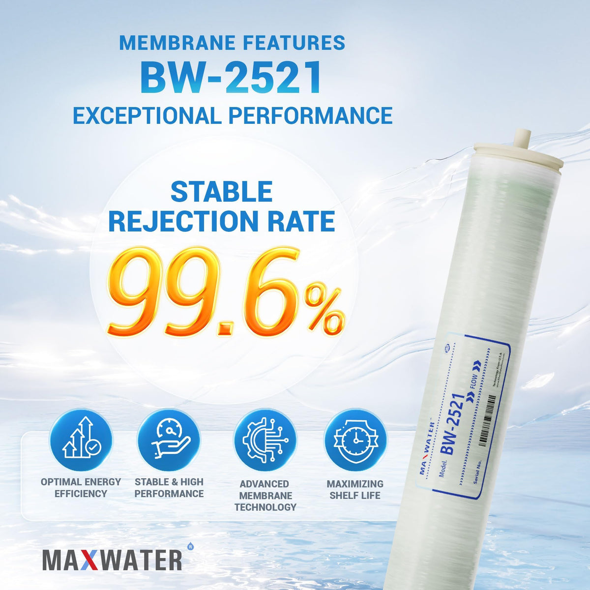 Max Water 2.5 x 21 BW-2521 RO Membrane Element- Brackish Water RO 350 GPD for Desalination, Commercial, Agricultural, and Whole House Reverse Osmosis - Compatible with M-T2521A, BW-2521