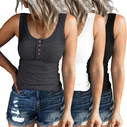 SUNBS 3 Pack Women Tank Tops Ribbed Summer Sexy Sleeveless Basic Cami Top Trendy Slim Henley Button Down Blouses 2025 Grey White Black M
