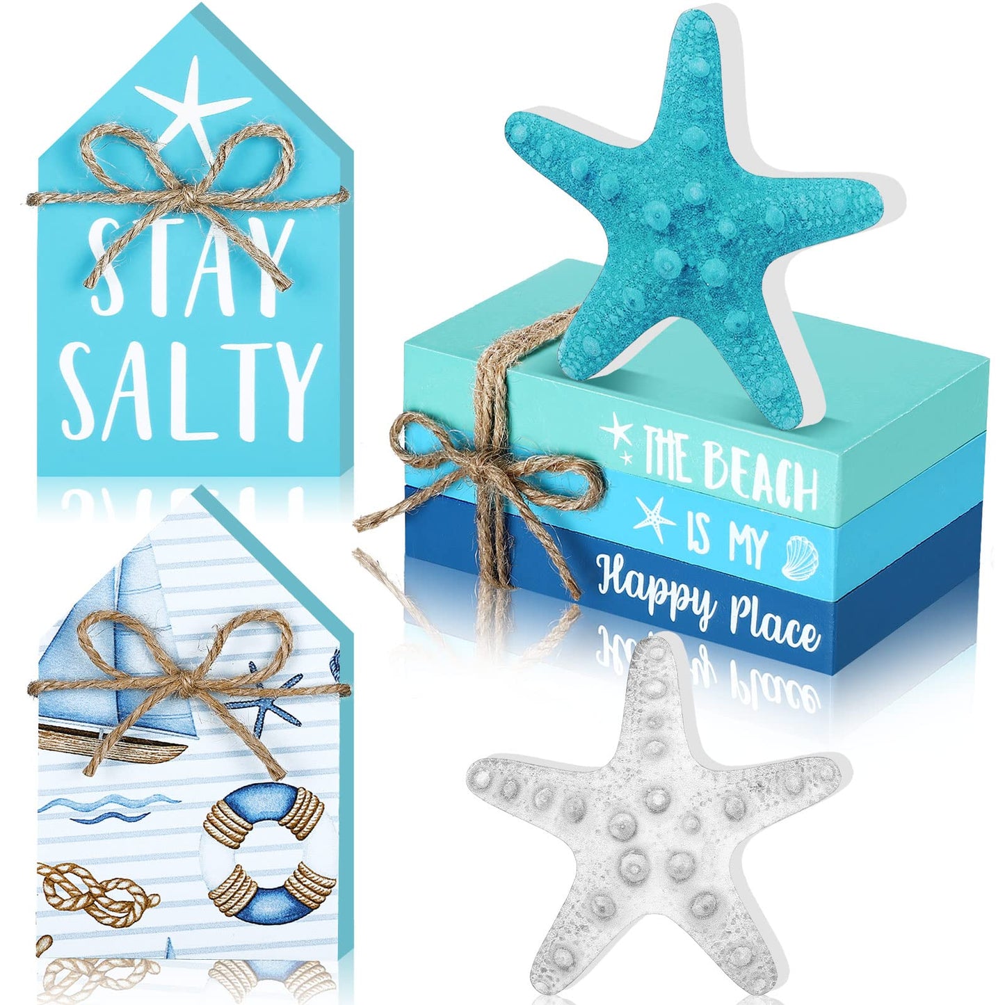 Blulu 5 Pcs Summer Beach Wooden Tabletop Decor, Coastal Ocean Blue Decorations for Home, Wood Starfish Decor, Stay Salty House Signs & Faux Book Stack, Nautical Table Centerpieces for Bedroom Desk