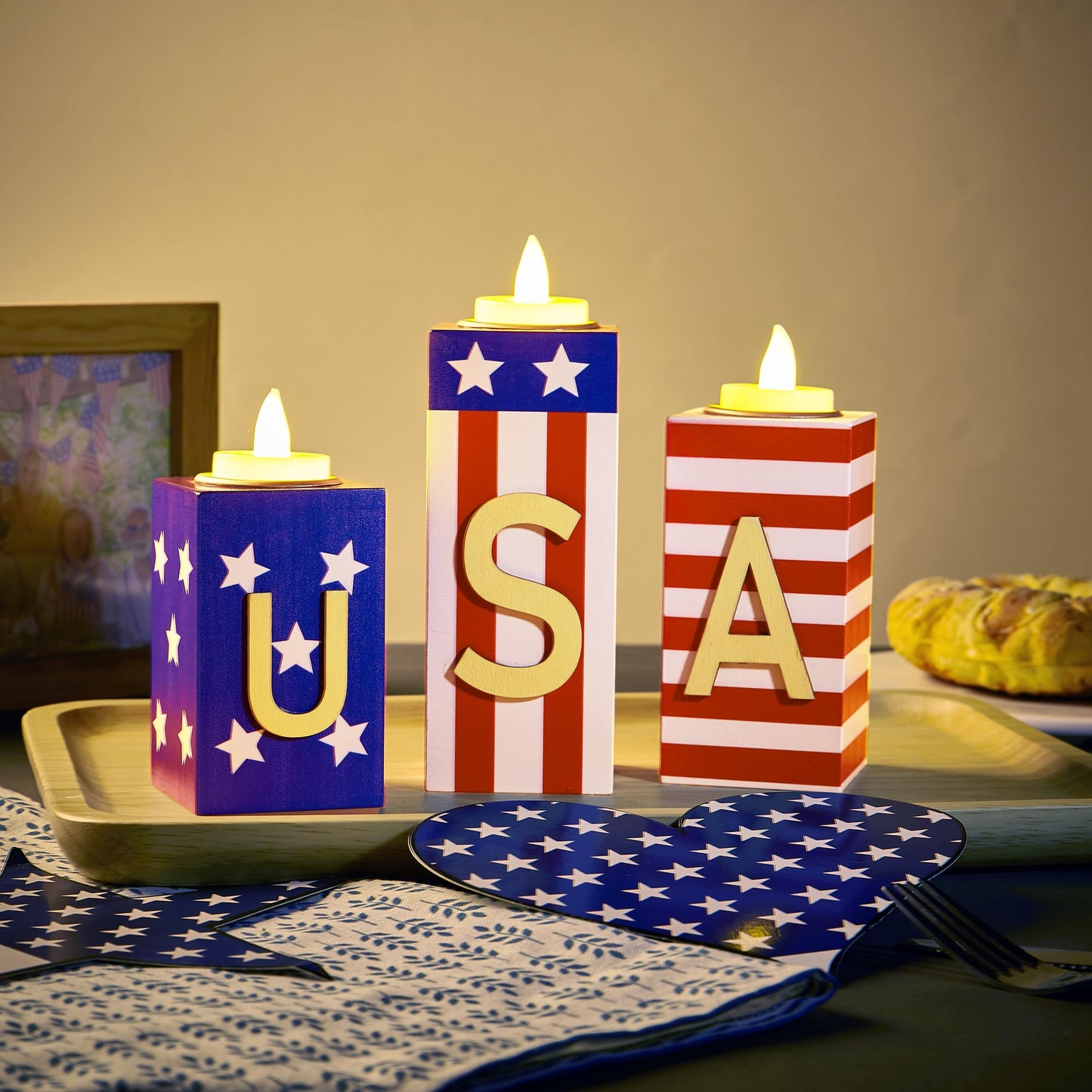 BlcTec 4th of July Decorations, 3 PCS Patriotic Wood Candle Holders with Tea Lights, Rustic Farmhouse Centerpieces for Home, Tiered Tray, Tabletop, Mantel, Office, Porch, Memorial Day, July 4th Décor