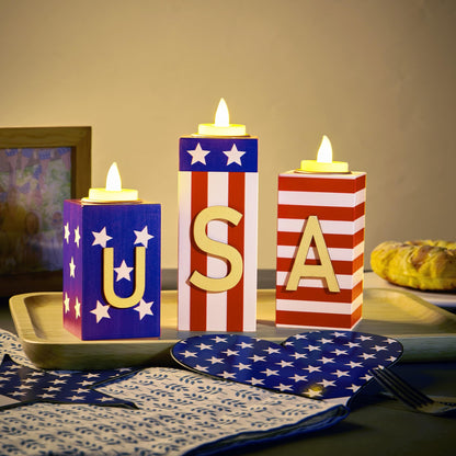 BlcTec 4th of July Decorations, 3 PCS Patriotic Wood Candle Holders with Tea Lights, Rustic Farmhouse Centerpieces for Home, Tiered Tray, Tabletop, Mantel, Office, Porch, Memorial Day, July 4th Décor