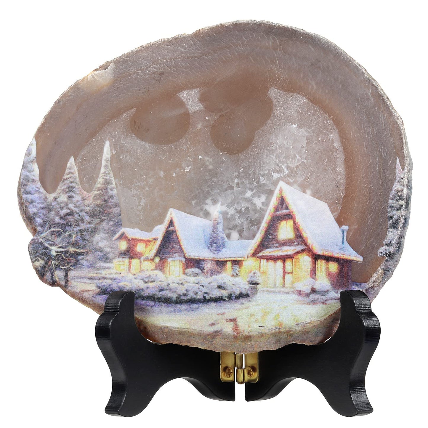 TUMBEELLUWA Natural Irregular Agate Slice Painting Decor with Wooden Stand Agate Geode Slab for Desk Hallway, Snowy Night
