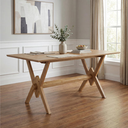 Merax Farmhouse Dining Table for 6, 63 Inch Rectangular Kitchen Table with Double V Base, Engineered Wood Top and Solid Wood Legs, Rustic Style, Natural