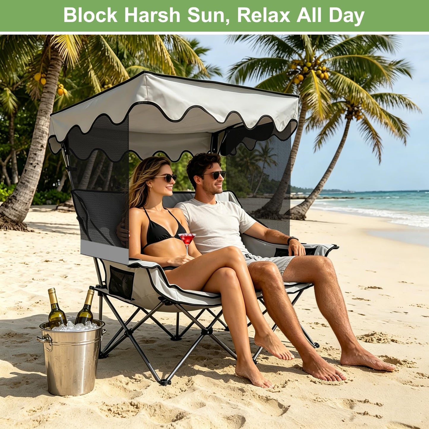 Double Camping Chair with Canopy Shade, Portable Beach Chair with 2 Cup Holders and Bags, Folding Heavy Duty Oversized Double Chairs with Side and Back Pockets, Outdoor Loveseat Chairs for Patio, Lawn