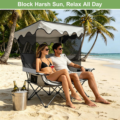 Double Camping Chair with Canopy Shade, Portable Beach Chair with 2 Cup Holders and Bags, Folding Heavy Duty Oversized Double Chairs with Side and Back Pockets, Outdoor Loveseat Chairs for Patio, Lawn