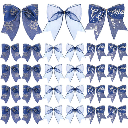 Norme 24 Pcs Navy Blue Christmas Ribbon Bows with Twist Tie Pretied Premade Navy Blue and Gold Ribbon Bows for Xmas Tree Wreath Garland Home Decor Indoor Outdoor Decorations