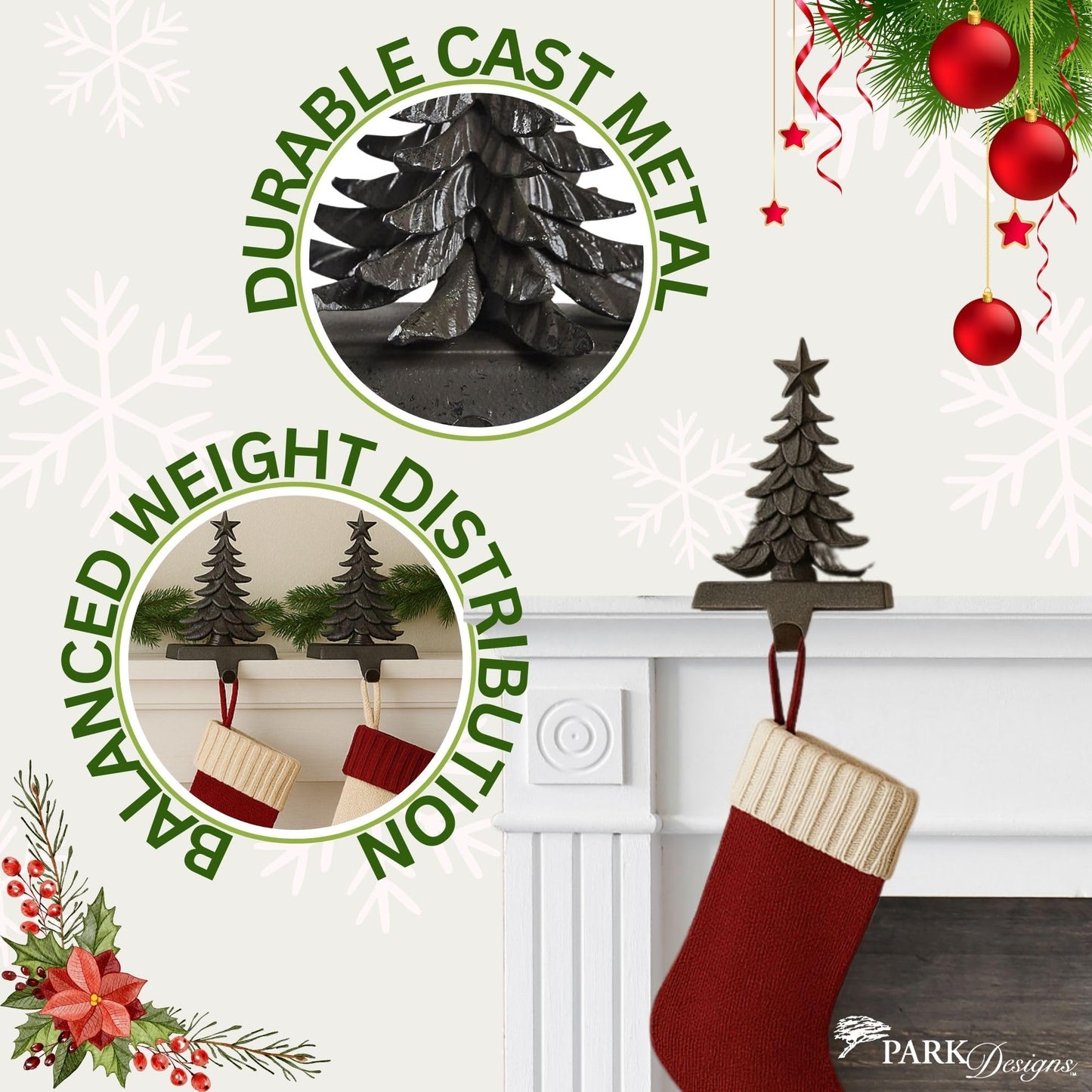 Park Designs Christmas Tree Stocking Hanger Set of 2 | 6" x 0.5" x 6" Cast Metal Mantel Hooks | Iron Finish Holiday Stocking Holders | Rustic Fireplace Décor for Farmhouse or Lodge Christmas Displays