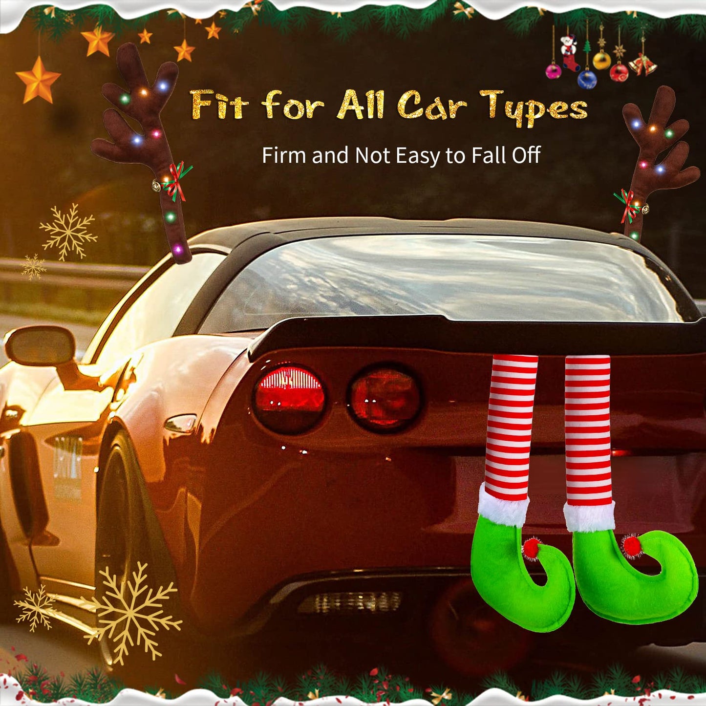 2 Pieces Car Reindeer Antler Kit Christmas Decorations with LED Lights Hanging Santa Claus Legs and Deer Nose Star Candy Canes Auto Accessories for Christmas Car Decorations(Striped Style)