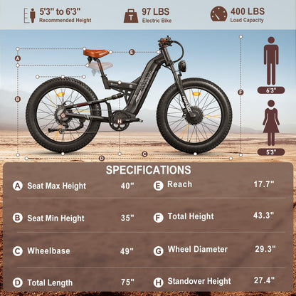 FREESKY 4000W Dual Motor Electric Bike for Adults, 48V 30AH Battery 120Miles Range, 40+MPH AWD Fast E-Bike, 26" Fat Tire Full Suspension Off-Road Mountain E Bike, Blue Grey, with Cycling Kits