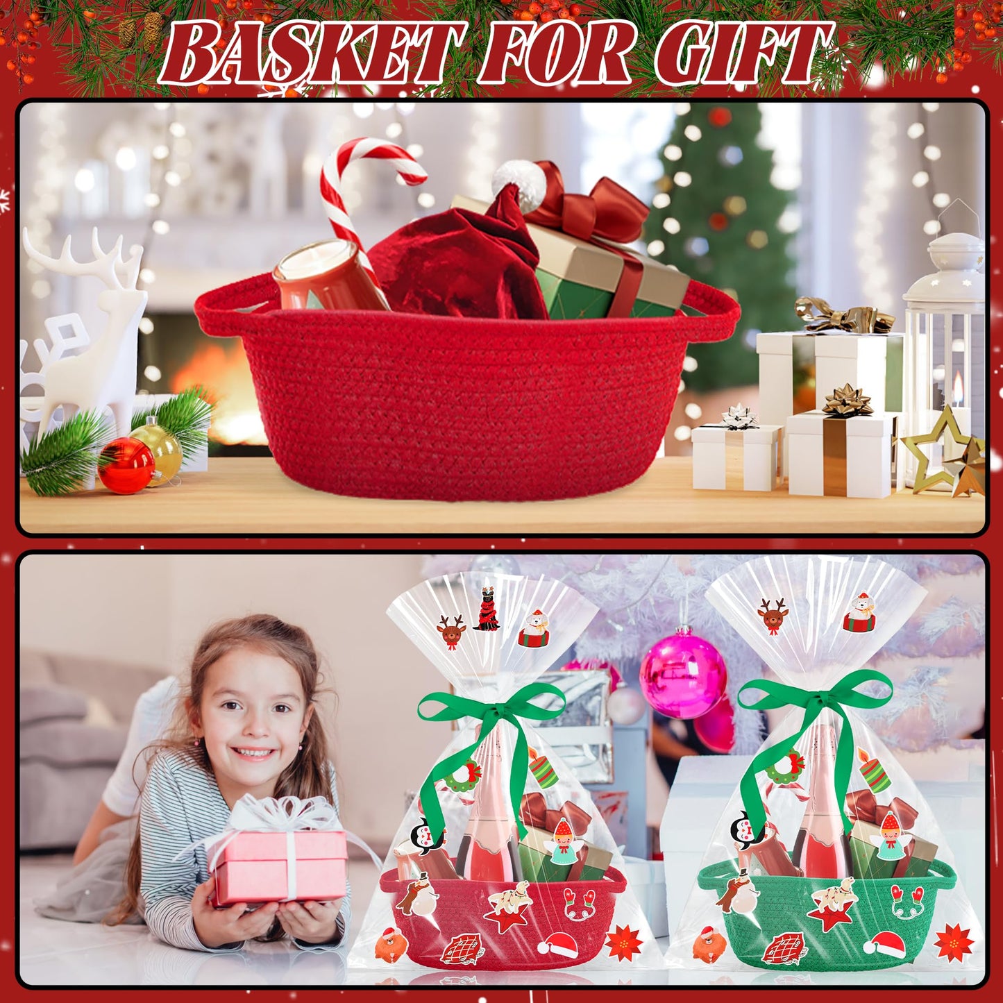 4pcs Christmas Gift Basket Empty, Christmas Woven Basket with Handles, Decorative Rope Woven Storage Basket Xmas Gift Baskets with Gift Bags Sticker and Ribbons for Xmas Empty Decorative Gift Box