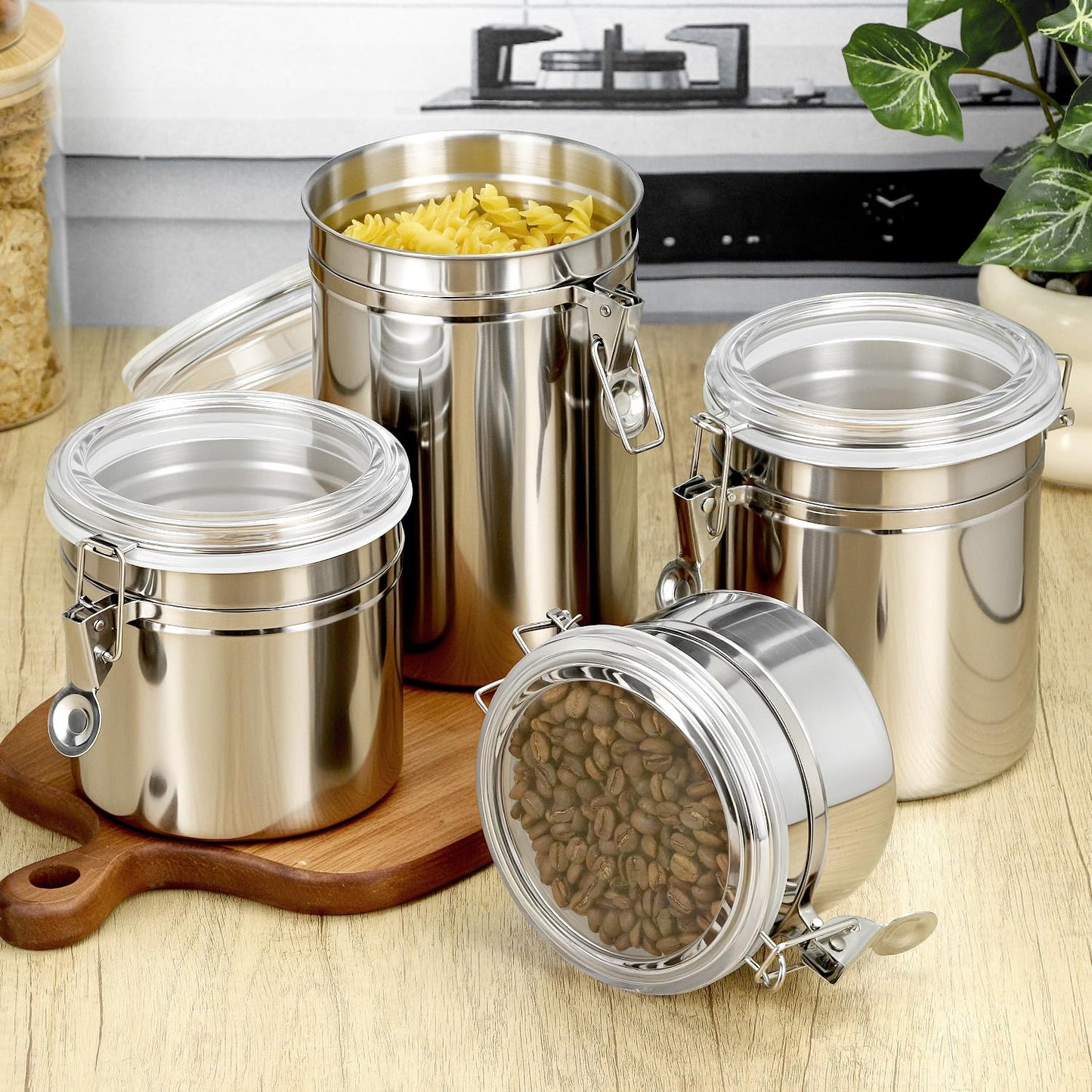 QWORK 4 Pack Stainless Steel Kitchen Storage Canister, Airtight Flour Clamp Canister, 26oz, 36oz, 47oz, 62oz