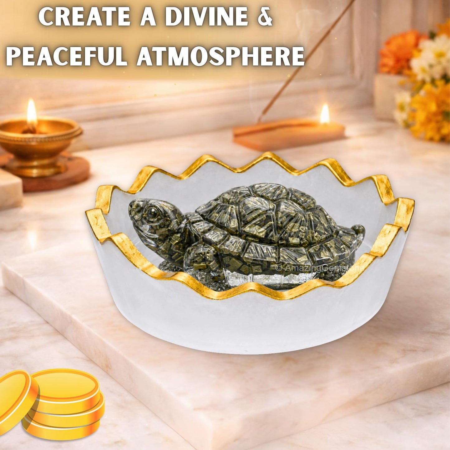 Amazing Gemstone Natural Pyrite Crystal Tortoise with Selenite Bowl | Feng Shui Turtle for Good Luck, Wealth & Positive Energy | Spiritual Home Decor Gift for Office & Meditation