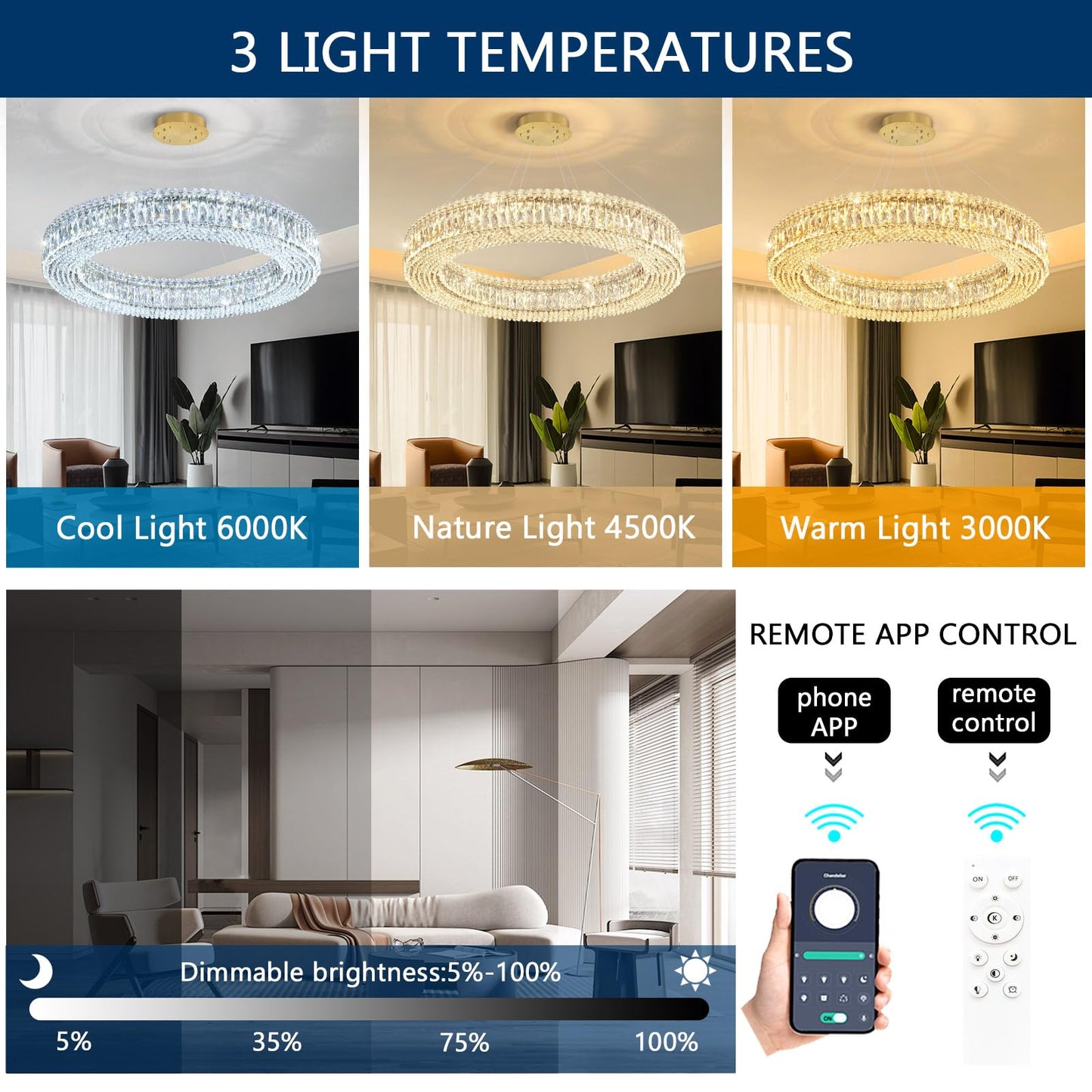 dolria Modern Crystal Chandeliers for Living Room Dimmable LED Pendant Lighting for Dining Room Ring Handing Light Fixture for Bedroom Foyer Gold