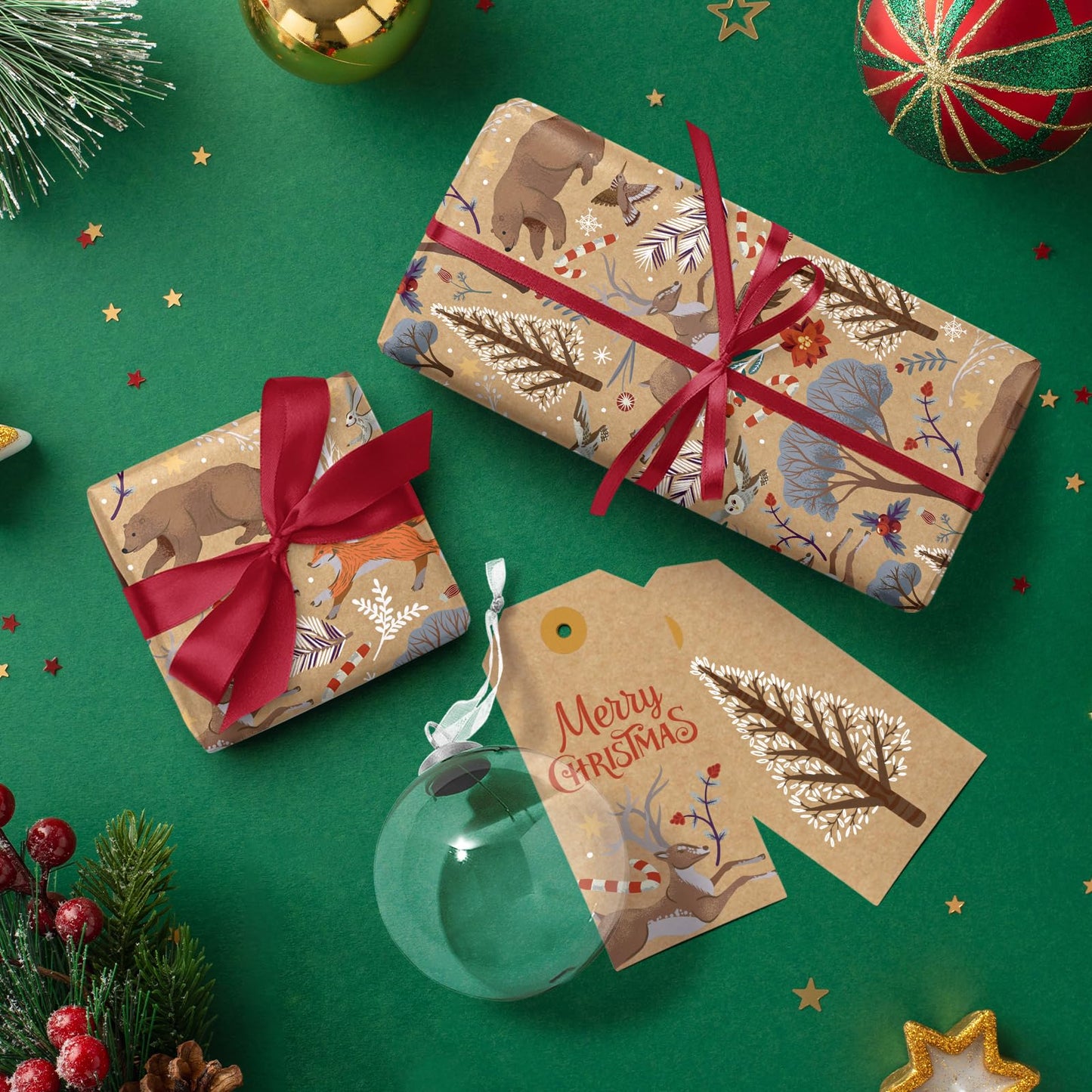 WRAPAHOLIC Kraft Christmas Wrapping Paper - Mini Roll - 17 Inch x 33 Feet - Christmas Animal Wrapping Paper and Tree Elements for Holiday, Party Celebration