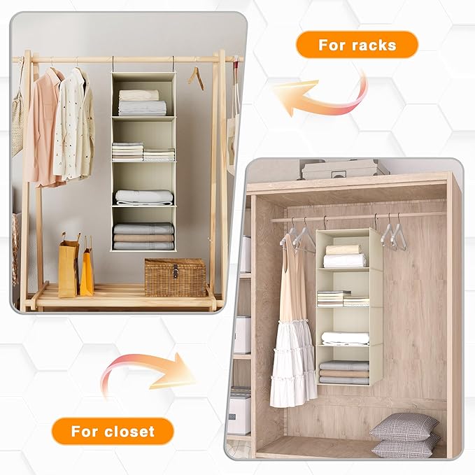 Hanging Closet Organizer, Easy Mount Foldable 4-Shelf Hanging Closet Wardrobe