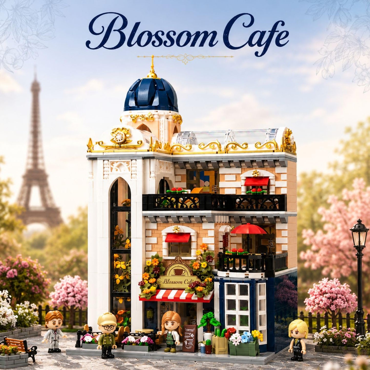 PANTASY Blossom Café Modular Building Set, 3-Story European Glasshouse Landmark with Café, Art Gallery & Floral Atrium, Openable Glass Door Design, Collectible Architecture Model Kit for Adults