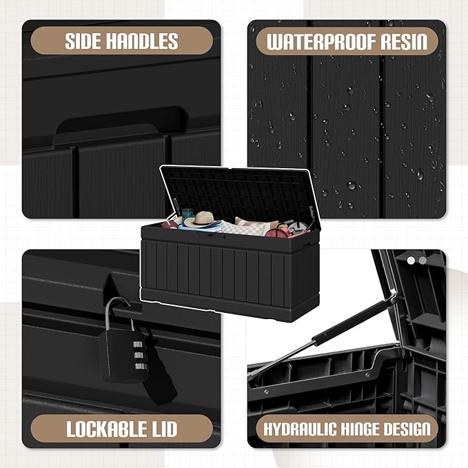 JUMMICO 78 Gallon Outdoor Deck Box Large Resin Storage Box for Patio Furniture Cushions and Garden Tools (Black)