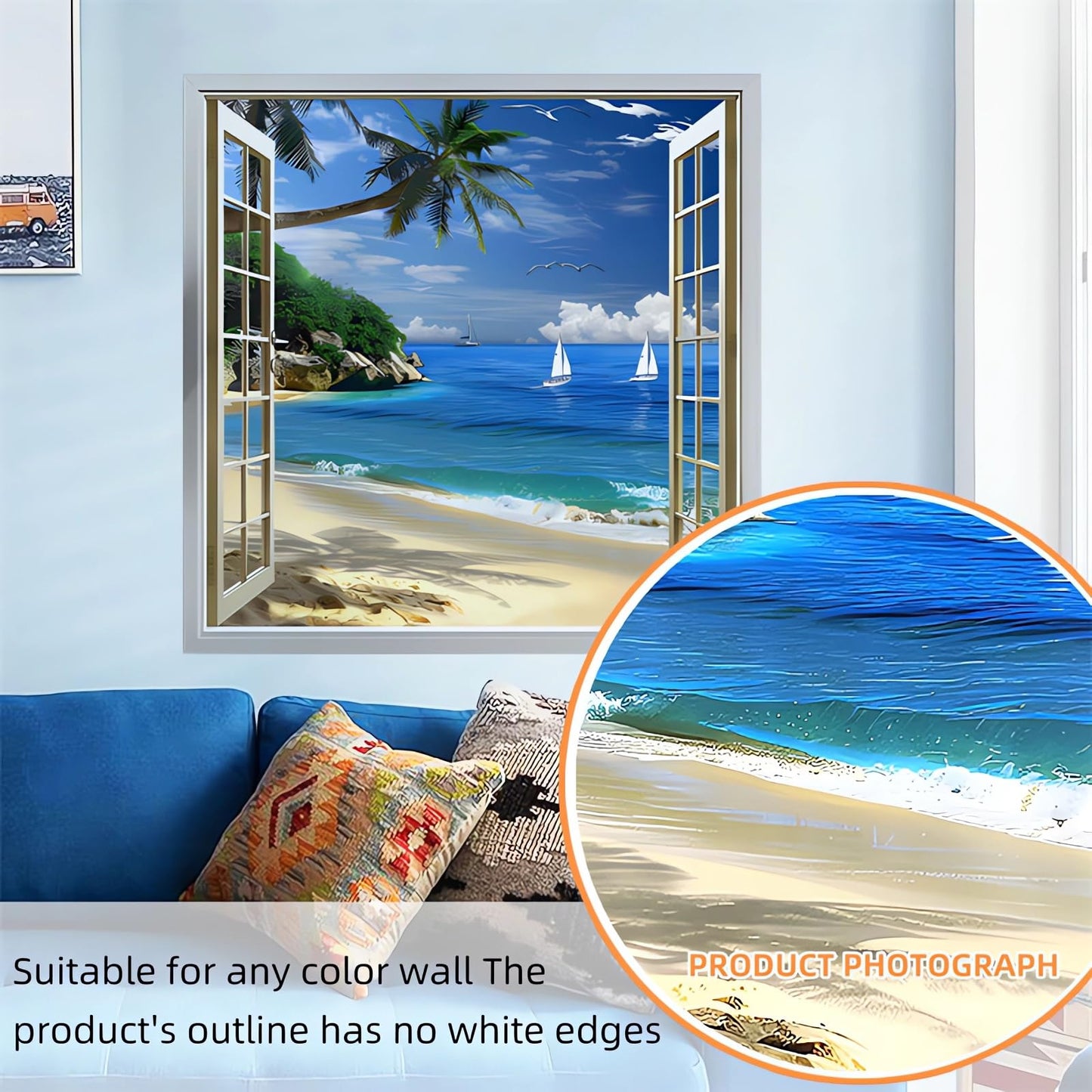 Seafront Beach Coconut Tree Fake Window Wall Stickers, sacinora 3D Seashores Seascape Wall Decals Removable Vinyl Peel and Stick Living Room Bedroom Art Home Decorations
