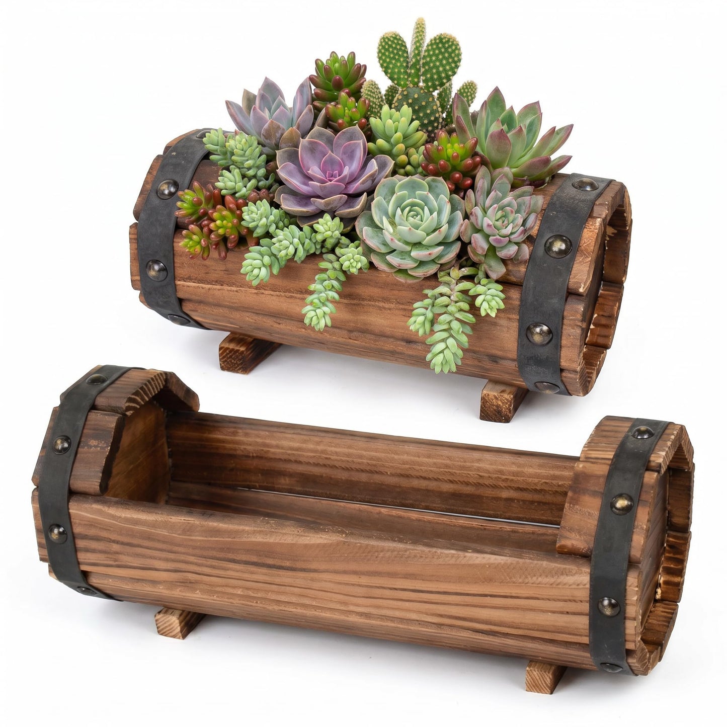 DOITOOL Half Barrel Planters Outdoor, 2 Pack Rustic Solid Wood Flower Pots for Plants, Carbonized Wooden Whiskey Wine Barrel Planter Set for Garden Patio Porch Windowsill Decoration (Brown)