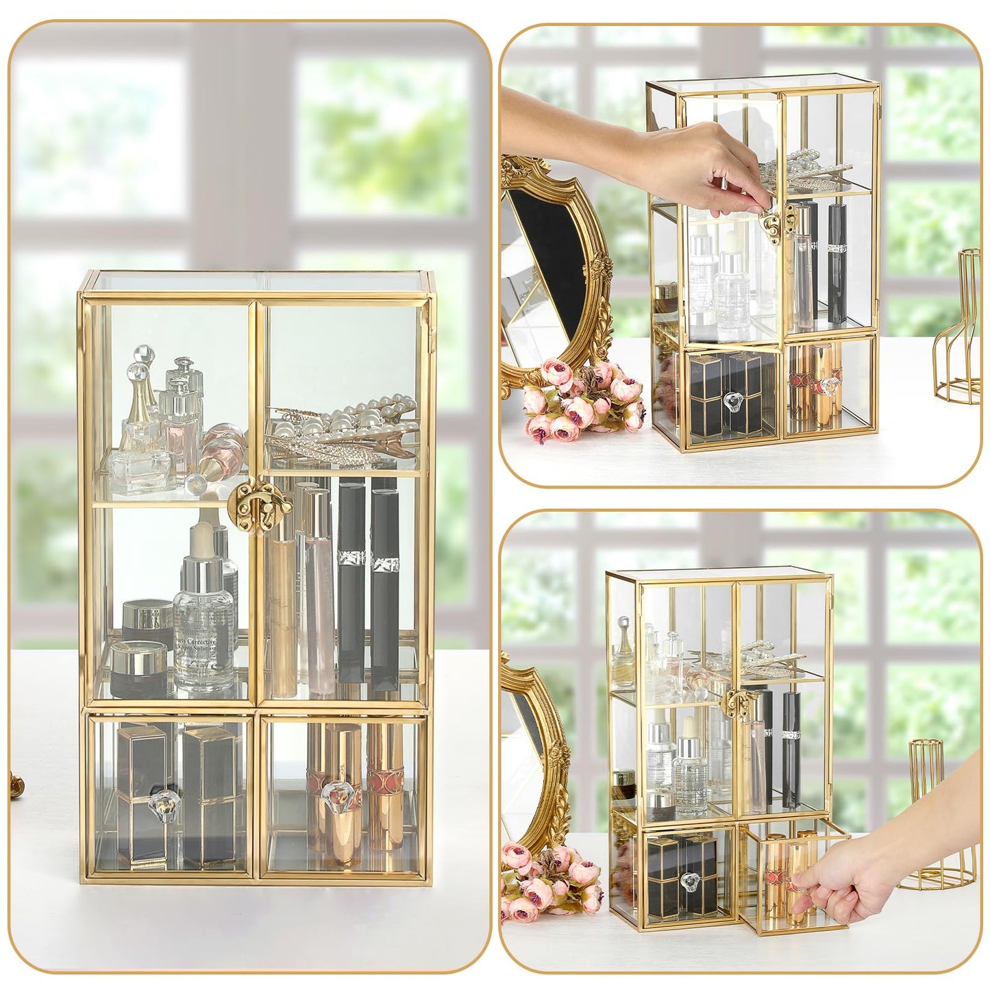 ELLDOO Clear Glass Storage Box with 2 Drawer, Gold Mirrored Jewelry Makeup Display Organizer Case, Decorative Tower Box Storage for Trinket Perfume Lipstick Figure Statue Toy Display