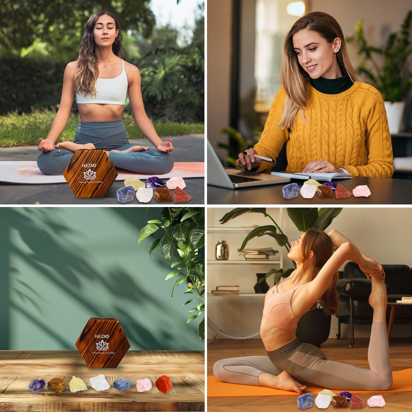 Hazms 7pcs Crystals and Healing Stones with Wooden Gift Box, Raw Healing Crystals and Chakra Stones Set, Rose Quartz, Amethyst, Clear Quartz for Meditation Yoga Healing Protection-Gift for Women