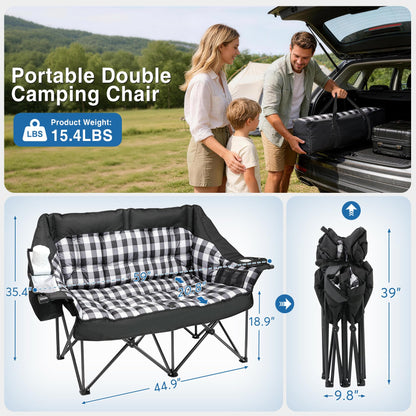 Suteck Double Camping Chair Padded 2 Person Camping Chair Camping Loveseat - Heavy Duty Oversized Camping Couch for Adults - Portable Folding Sofa w/Glass Holders&Cooler Bags for Outdoor Lawn Beach