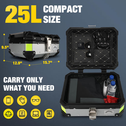 Gurblofy Motorcycle Top Box, 25L Aluminum Compact Motorcycle Top Case with Anti-Theft Lock System, Waterproof, Easy Installation with Universal Bracket, Back Cushion Included, Silver, GBTC-25S