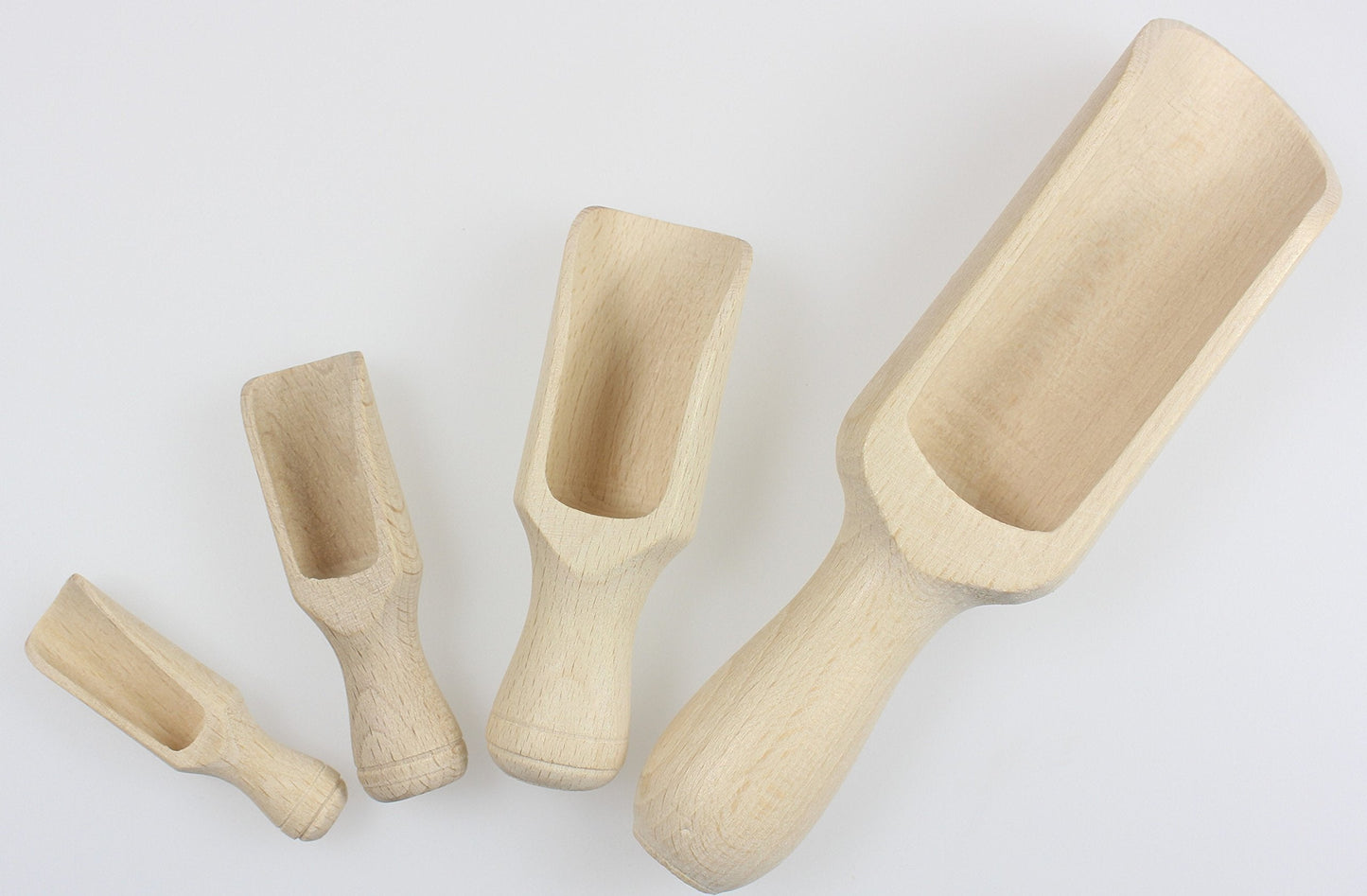 efo Versatile Wooden Scoops Set 4pcs - Multipurpose Wooden Spoons - Wood Salt and Spice Scoops – Rustic Bath Salt Scoop - Wooden Nuts Scoop - sizes: 2.4"; 3.3"; 3.9"; 6.7" / 6; 8.5; 10; 17cm