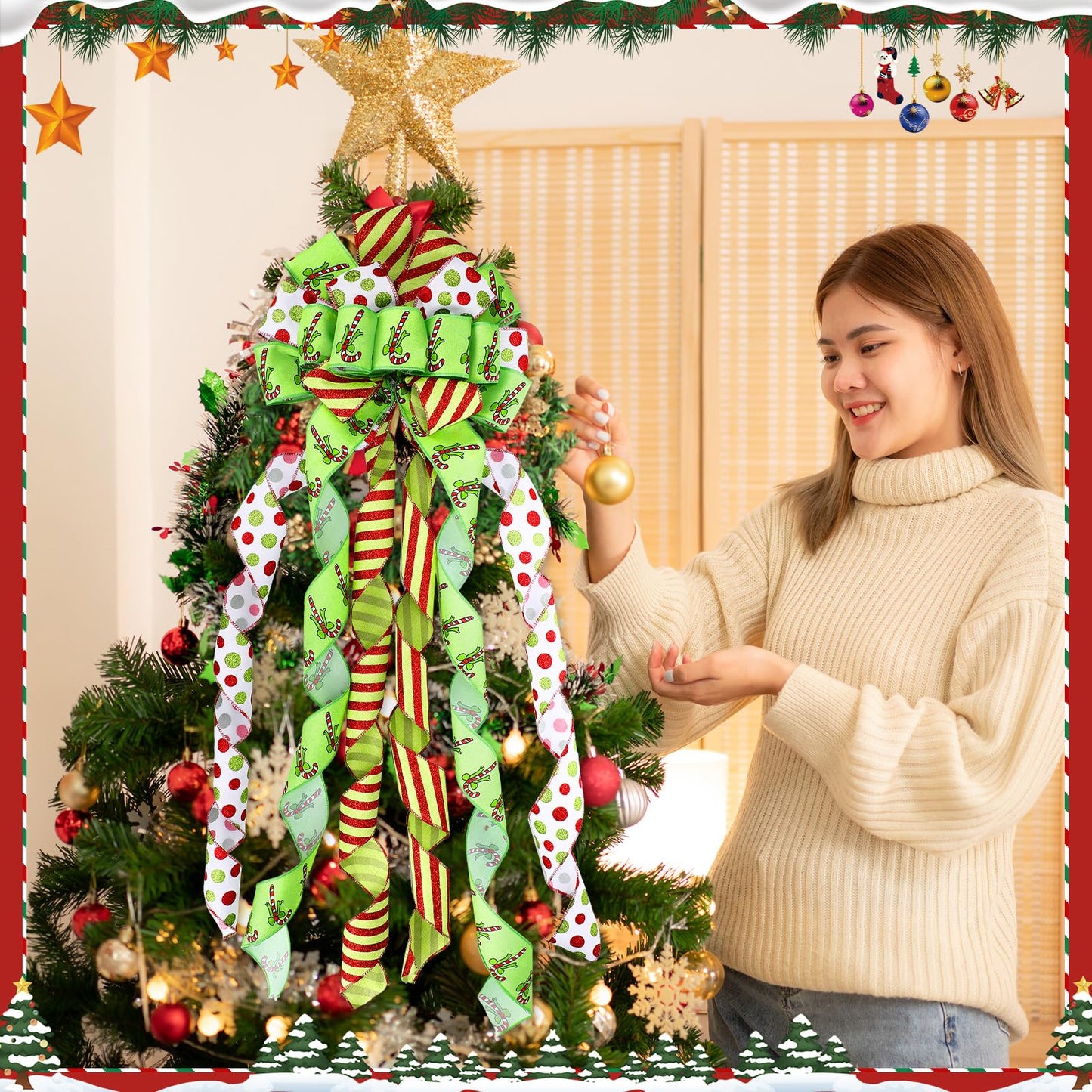 Suncalla 2 Pcs 44 x 13 Inch Large Christmas Tree Toppers Green Christmas Tree Ornaments Candy Cane Ribbon Bows Lime Green Glitter Polka Dot Wreath for Xmas Holiday Indoor Outdoor Front Door Staircase
