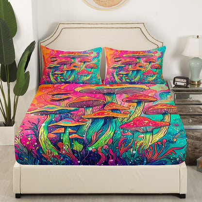 Feelyou Cute Mushroom Decor Bed Sheets Set Cartoon Mushrooms Sheet Set for Kids Boys Girls Teens Colourful Fungus Sheets with Deep Pocket Fitted Sheet Queen Size Wild Mushroom Stuff Bedding Set 4Pcs