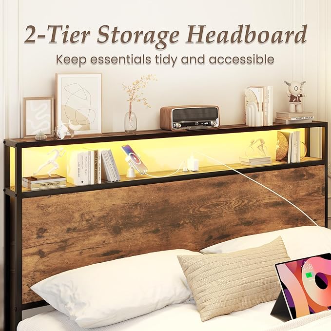 Lifezone Full Bed Frame with 2-Tier Storage Headboard, Metal Bed Frame with