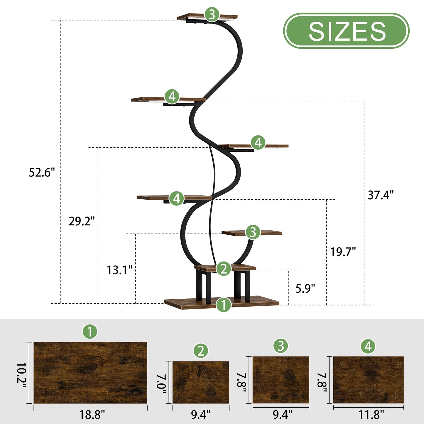 CODACE Plant Stand Indoor with Grow Lights - Tall Corner Plant Shelf, 7 Tiered Plant Stands for Indoor Plants, Metal Flower Plant Rack, Curved-Shaped Inoor Plant Holder for Living Room, Patio（Black