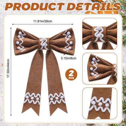 Suncalla 2 Pcs 19‘' Extra Large Christmas Gingerbread Tree Topper Wreath Bow Tree Topper Ornament Brown Plush Hanging Decor for Xmas Door Window Wall Wedding Party Decoration Supplies Gifts