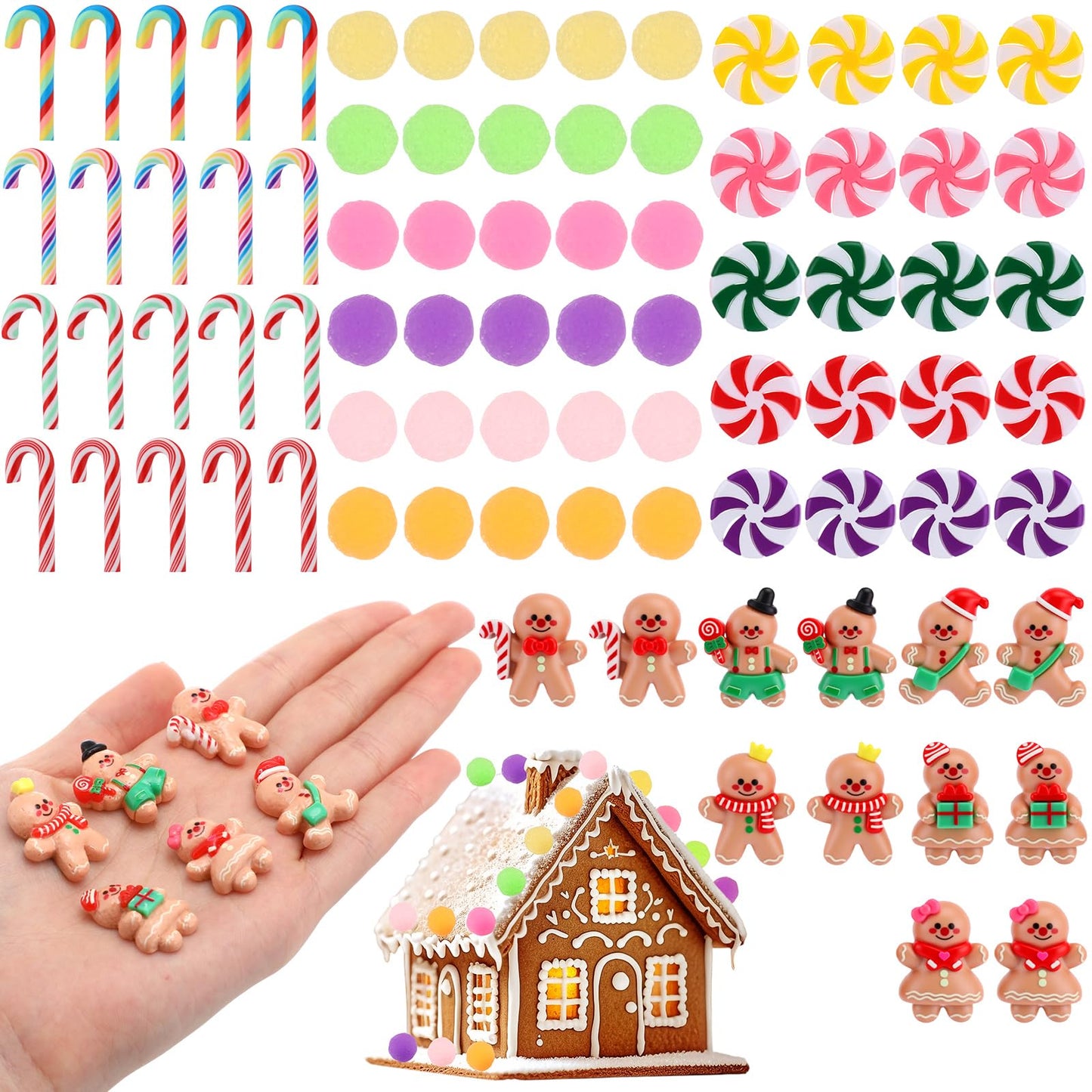 JolliLudo 92 Pcs Mini Christmas Candy Canes for Crafts Plastic Christmas Fake Candy Decor Gingerbread Man Rainbow Peppermint Gumdrops Ornaments for Xmas DIY Craft Party Decor Supplies