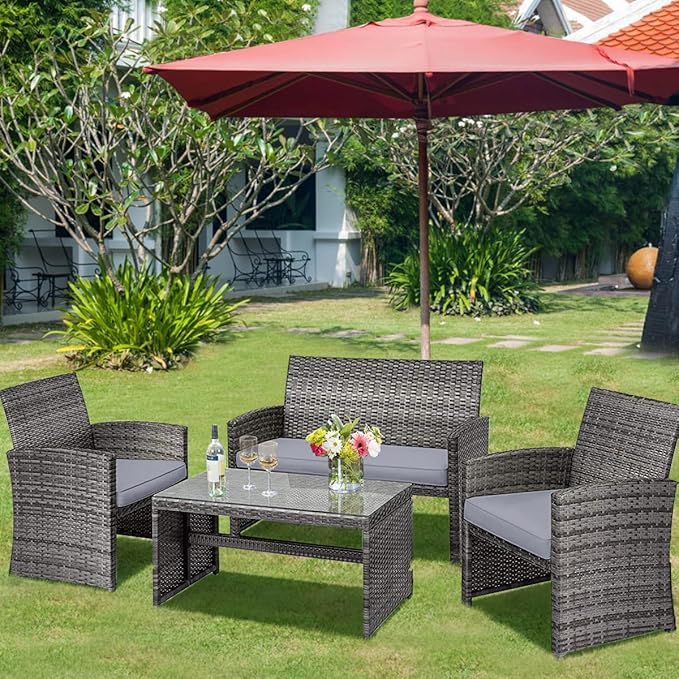 Tangkula 4 Pieces Patio Wicker Conversation Furniture Set, Patiojoy Sofa &