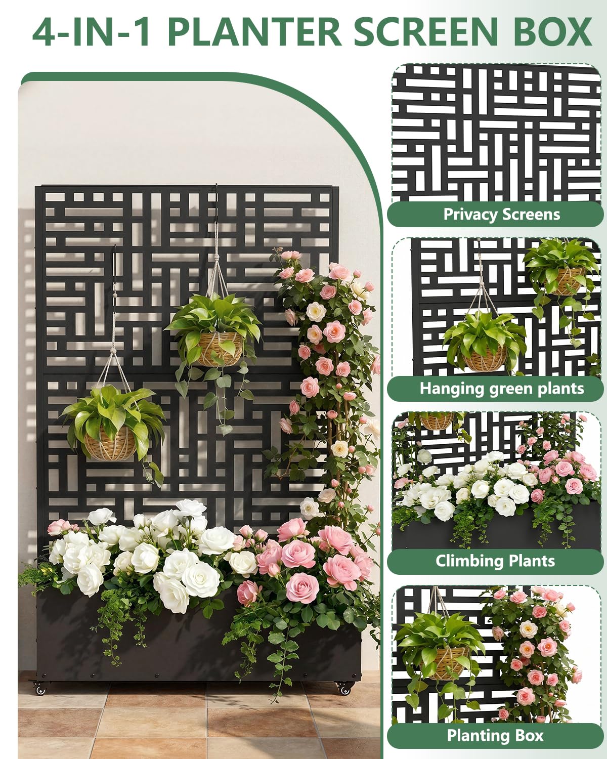 FOLAWO Metal Planter Box with Trellis,70.9"x47.2"x15.7" Raised Garden Bed with Drainage Holes, Privacy Planters for Outdoor Garden Bed for Climbing Plants,Vegetables,and Vines,2PCS,Black-Modular