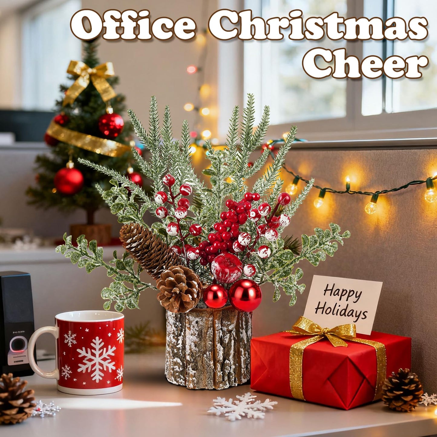 Shaxcoq Christmas Centerpieces for Tables – Tabletop Christmas Decorations with Pine, Cones & Berries – Indoor Holiday Decors for Home, Office, Kitchen or Fireplace Mantel