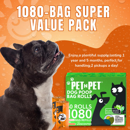 PET N PET 1080 Count Biodegradable Poo Bags Dogs USDA Certified 41 percent Biobased 72 Thick Dog Poop Bags Rolls 9x13 Leak-Proof Orange Unscented