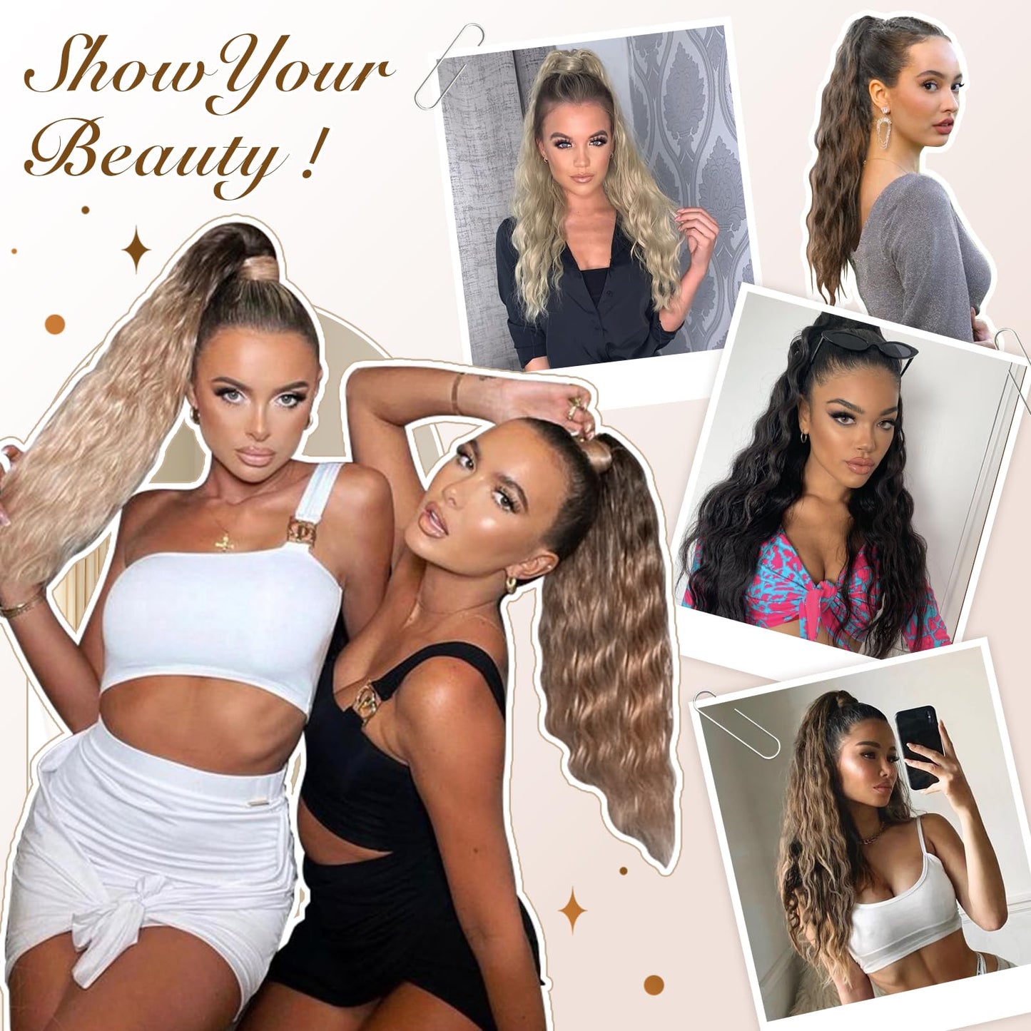 FESHFEN Long Curly Wavy Drawstring Ponytail Extensions Clip in Wavy Synthetic Hairpieces Ash Blonde Drawstring Ponytail Curly Hair Piece Pony Tail Extension for Women, 26 inch
