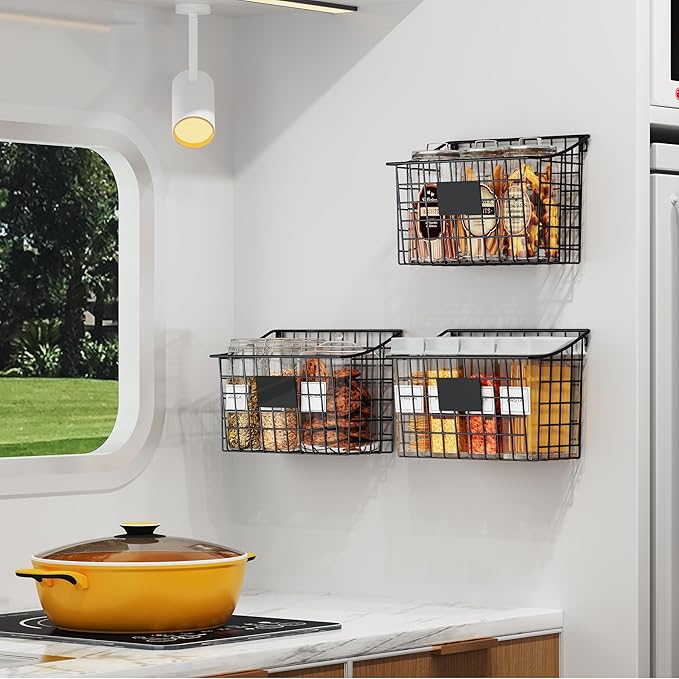 Wall Mounted Bin Basket with 5 Hooks 3 Label Plate Adhesive-3 Pack, Cabinet