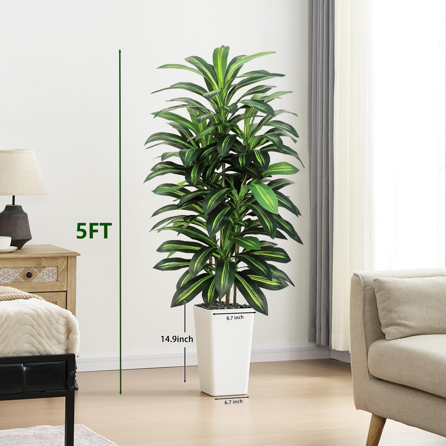 Artifical Dracaena Tree Indoor, 5FT Tall Fake Floor Plants with White Planter, Fuax Silk Yucca Tree for Home Office Living Room Bedroom Farmhouse Modern Outdoor Topiary Tree