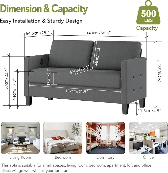 STHOUYN Comfy Loveseat Sofa Small Grey Couch, Small Love Seat Bedroom, Mid