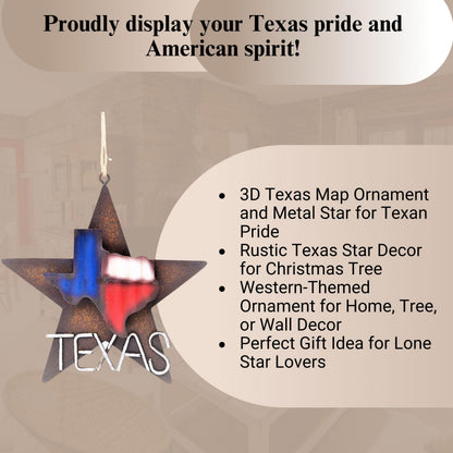 BestGiftEver 1-Piece Metal Star with Texas Map Ornament Rustic Style Gift Idea Western Lone Star 3-D Texas Map Christmas Metal/Tin - Tree or Wall Hanging