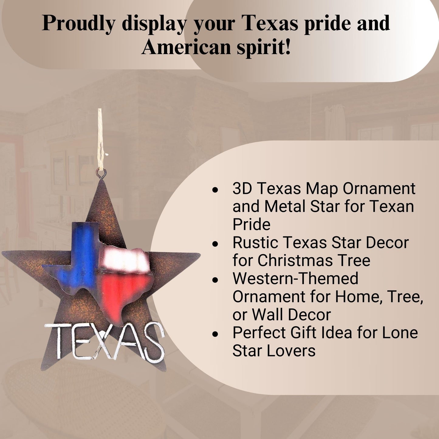 BestGiftEver 1-Piece Metal Star with Texas Map Ornament Rustic Style Gift Idea Western Lone Star 3-D Texas Map Christmas Metal/Tin - Tree or Wall Hanging