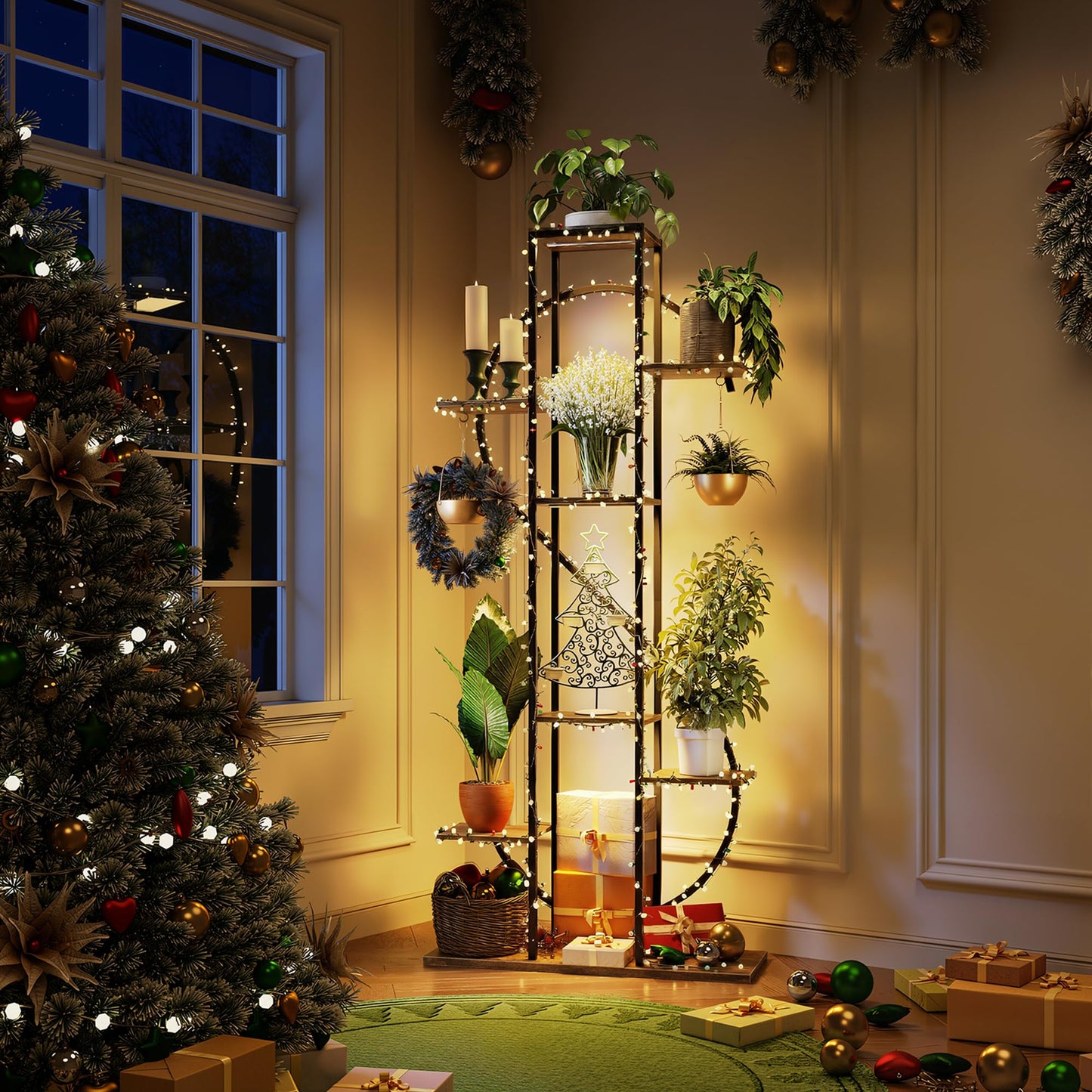 Plant Stand Indoor with Grow Lights - 62" Tall 8 Tier S-Shaped Corner Plant Shelf with 2 Hooks, Metal Flower Holder for Multiple Plants, Living Room Patio