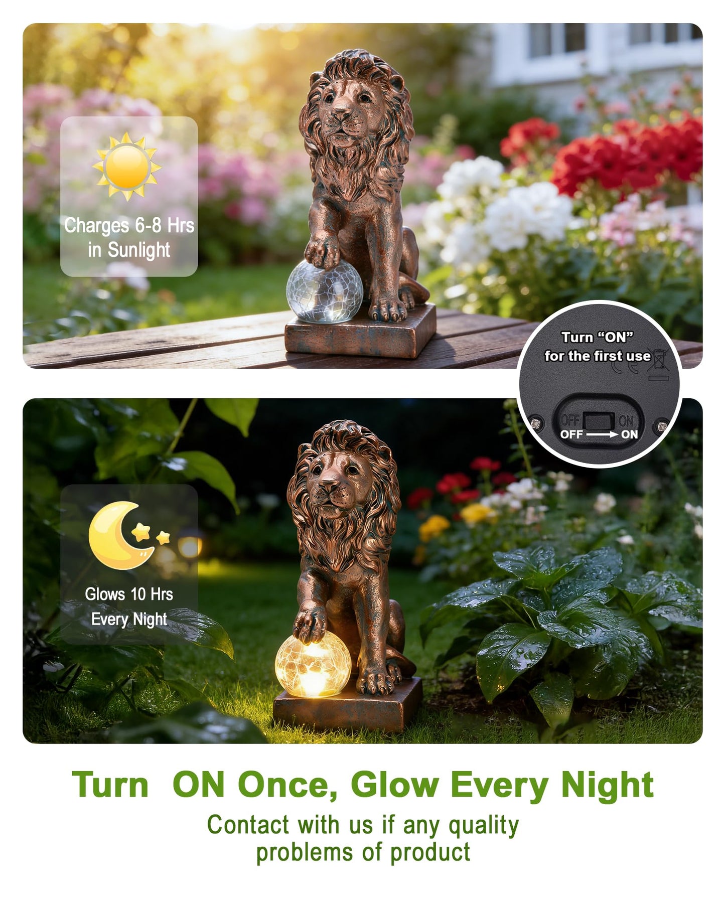 Nacome Guardian Lion Garden Decor: Outdoor Decoration Statue with Ball Lights for Yard Art Porch Patio Balcony - Unique Birthday Choice for Women Mom Lover - 9.45in (Copper)