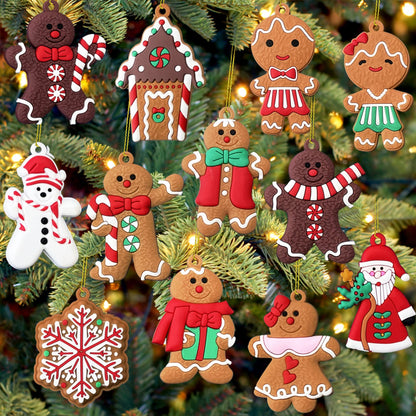 12pcs Christmas Ornaments Cute Snowman Xmas Tree Decorations Santa Claus Plastic Figurines Ornaments with Sugar Cookie House for Christmas Tree Hanging Party DIY Decor 3 Inch Tall