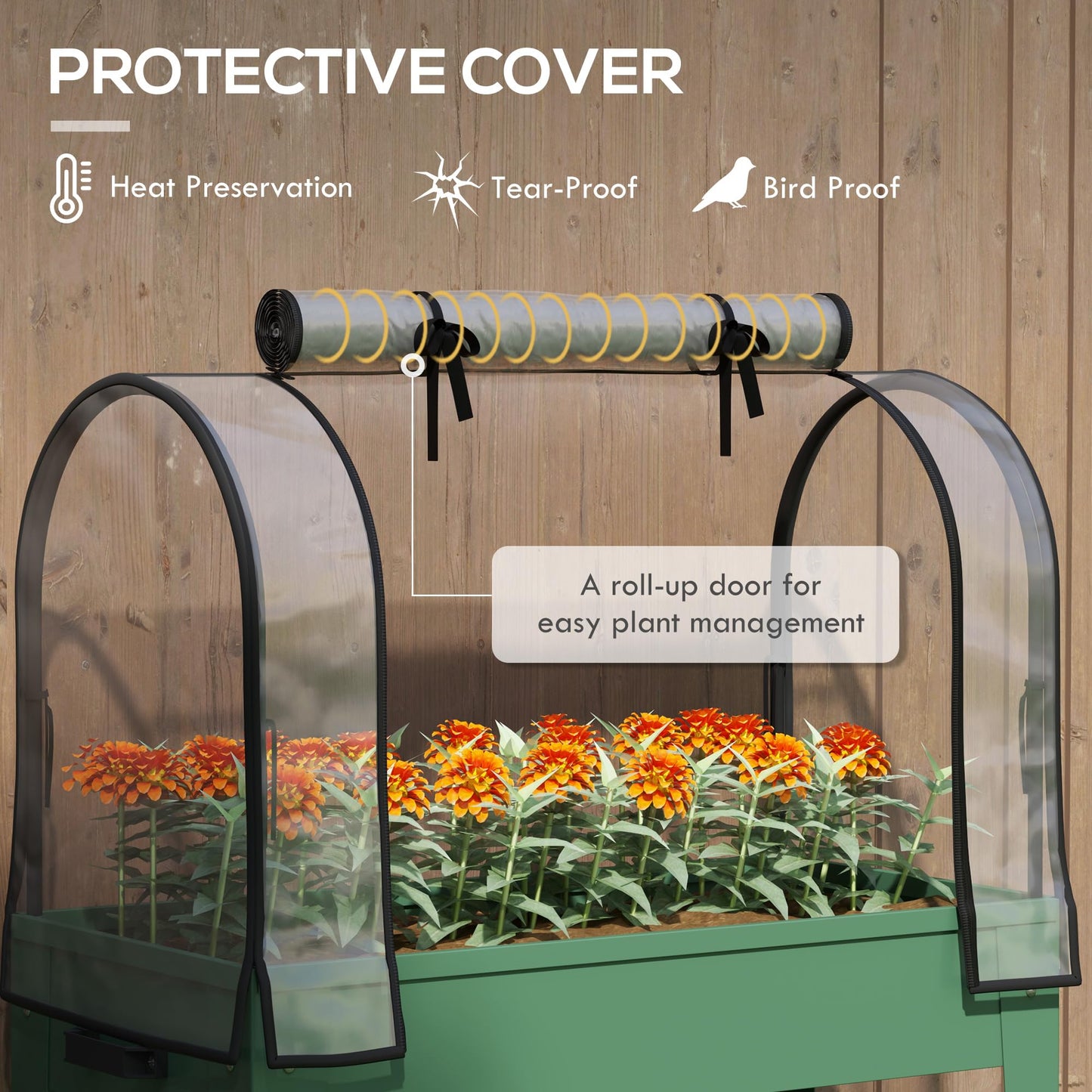 Outsunny Raised Garden Bed with Greenhouse Cover, Large Metal Outdoor Elevated Planter Box with Lockable Wheels, Storage Shelf and Drainage Hole for Vegetables, Flowers, Herbs, Green