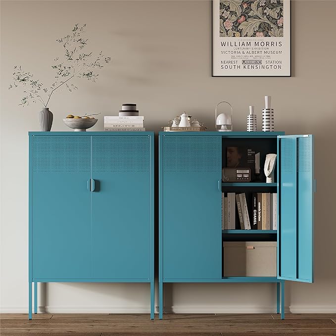 Metal Storage Cabinet, 2 Door TV Stand, Metal Mesh Accent Cabinet, Magnetic